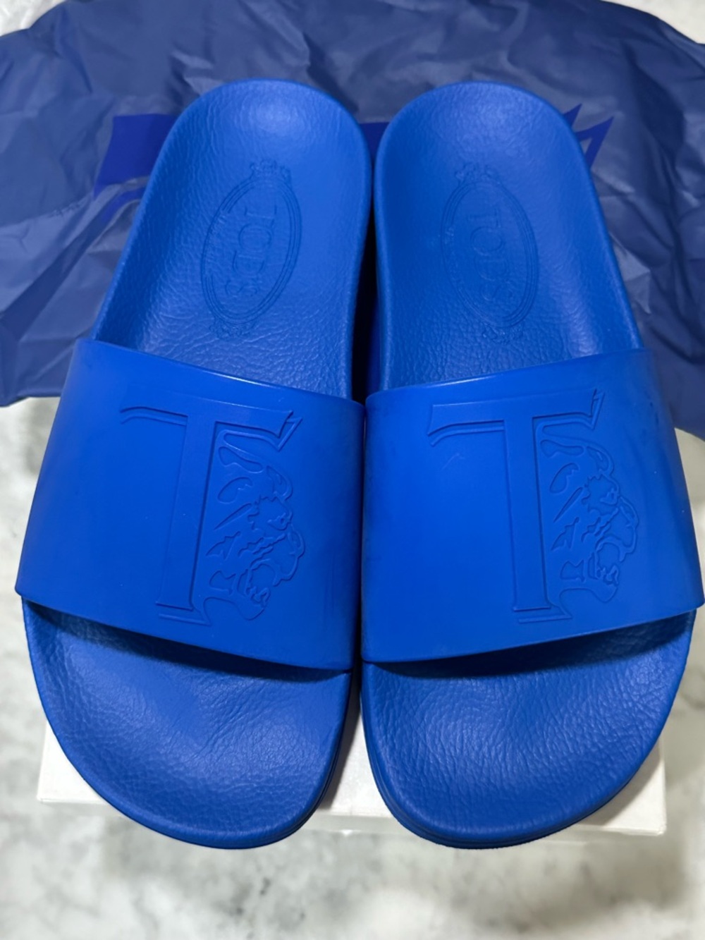 Tod’s Blue Logo Rubber Slide Sandals Size 39 NWT Italy Luxury MSRP $295